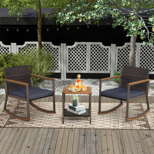 3 Pieces Rattan Rocking Bistro Set with Coffee Table and Cushions-Navy