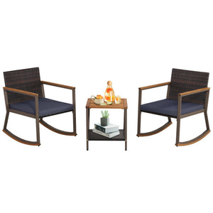 3 Pieces Rattan Rocking Bistro Set with Coffee Table and Cushions-Navy