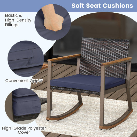 3 Pieces Rattan Rocking Bistro Set with Coffee Table and Cushions-Navy