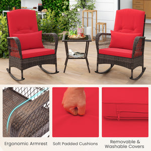 3 Pieces Rocking Bistro Set with 2-Tier Coffee Table-Red