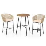 3 Pieces Rope Woven Patio Bar Set with Soft Cushions and Acacia Wood Tabletop-Beige