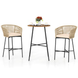 3 Pieces Rope Woven Patio Bar Set with Soft Cushions and Acacia Wood Tabletop-Beige