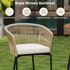 3 Pieces Rope Woven Patio Bar Set with Soft Cushions and Acacia Wood Tabletop-Beige