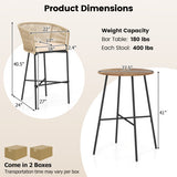 3 Pieces Rope Woven Patio Bar Set with Soft Cushions and Acacia Wood Tabletop-Beige