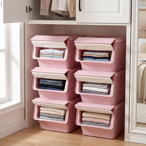 3 Pieces Storage Bins on Wheels Stackable Plastic Boxes with Stay-Open Lid (M)-Pink