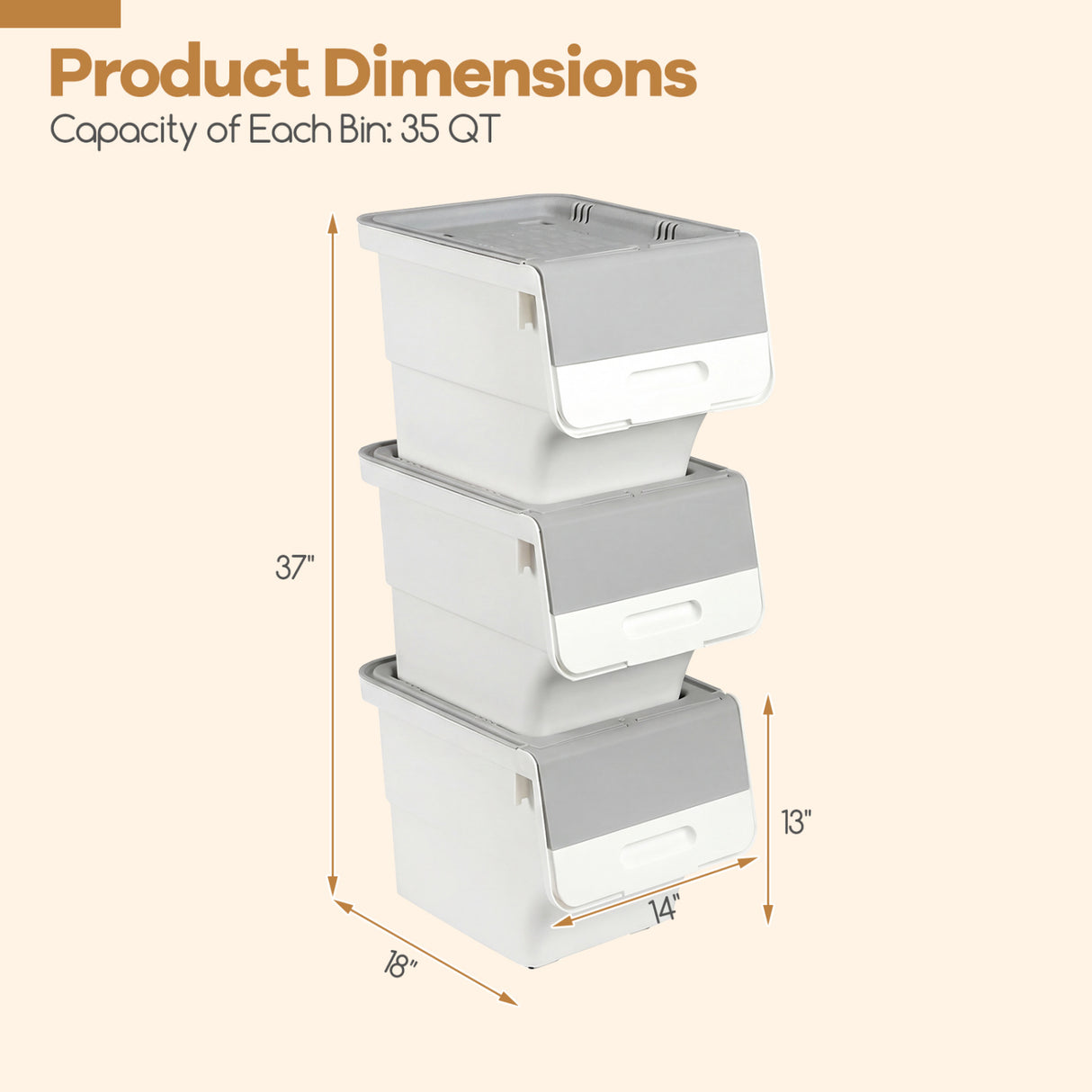3 Pieces Storage Bins on Wheels Stackable Plastic Boxes with Stay-Open Lid (M)-Gray