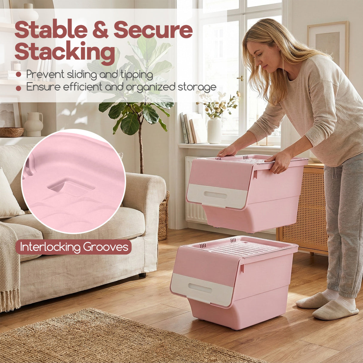 3 Pieces Storage Bins on Wheels Stackable Plastic Boxes with Stay-Open Lid (S)-Pink