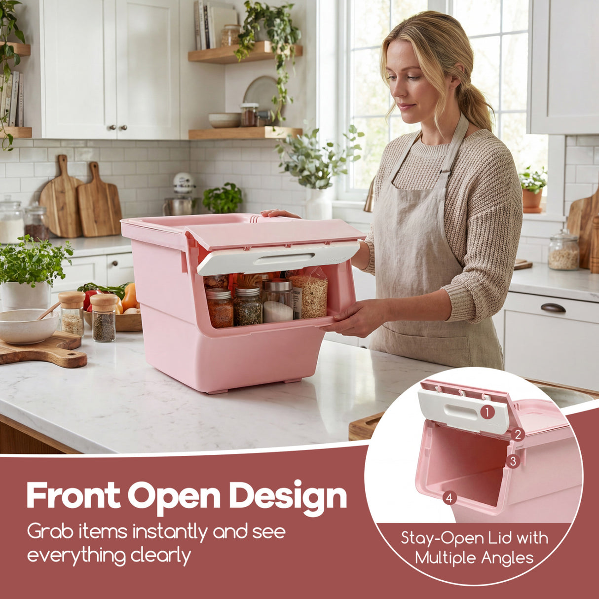 3 Pieces Storage Bins on Wheels Stackable Plastic Boxes with Stay-Open Lid (S)-Pink