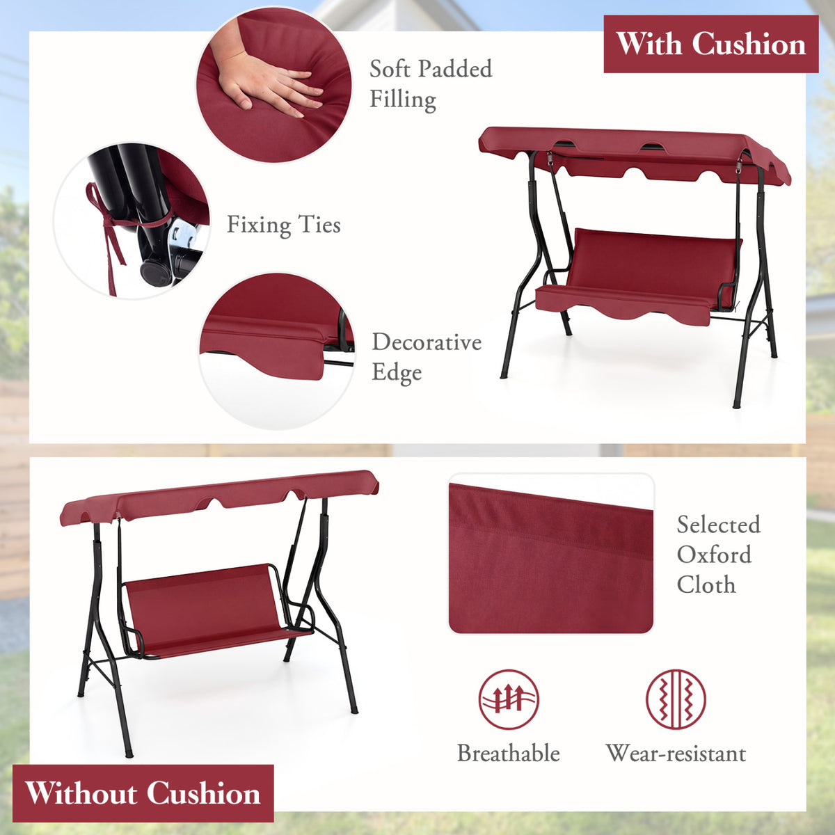 3 Seat Outdoor Patio Canopy Swing with Cushioned Steel Frame