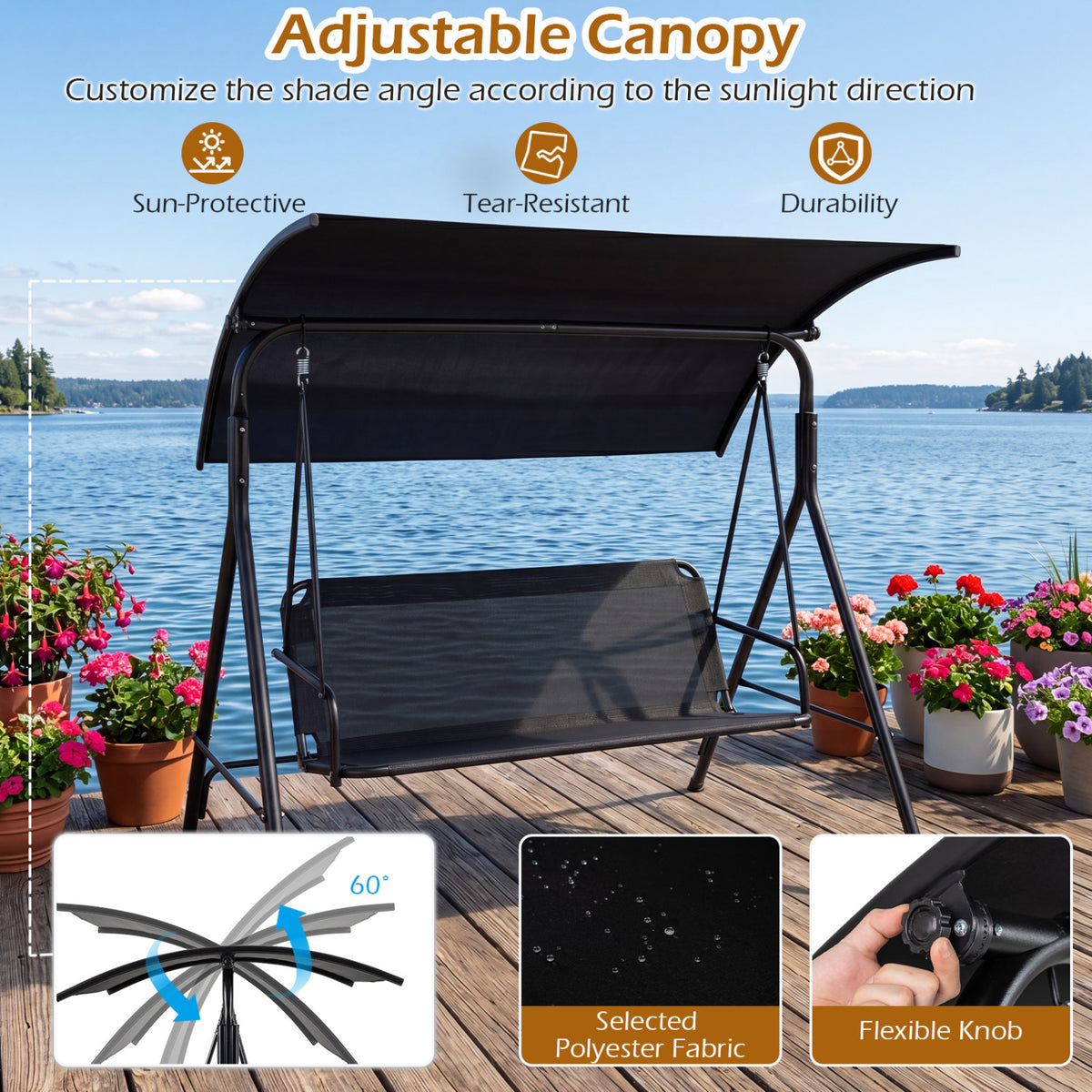3-Seat Outdoor Patio Swing Chair with Breathable Mesh Fabrics-Black