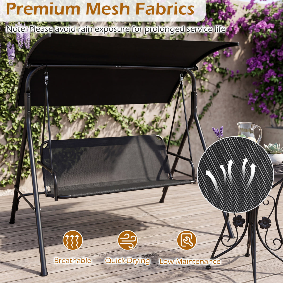 3-Seat Outdoor Patio Swing Chair with Breathable Mesh Fabrics-Beige
