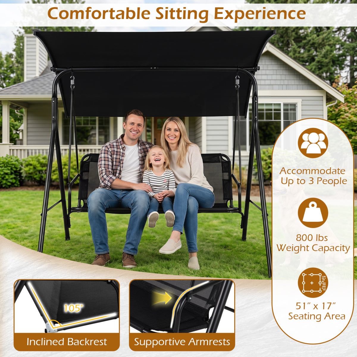 3-Seat Outdoor Patio Swing Chair with Breathable Mesh Fabrics-Beige