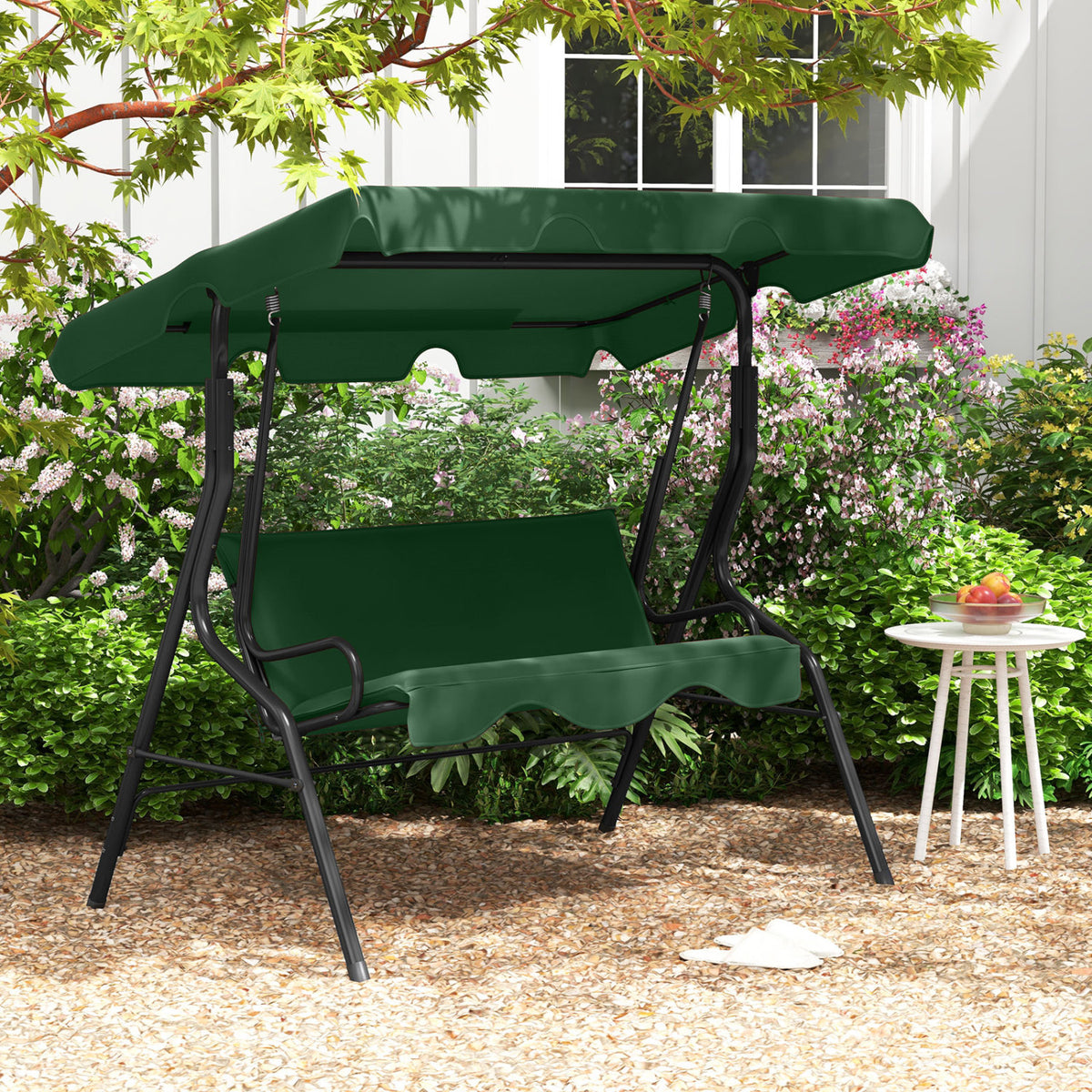 3 Seat Outdoor Patio Canopy Swing with Cushioned Steel Frame-Dark Green