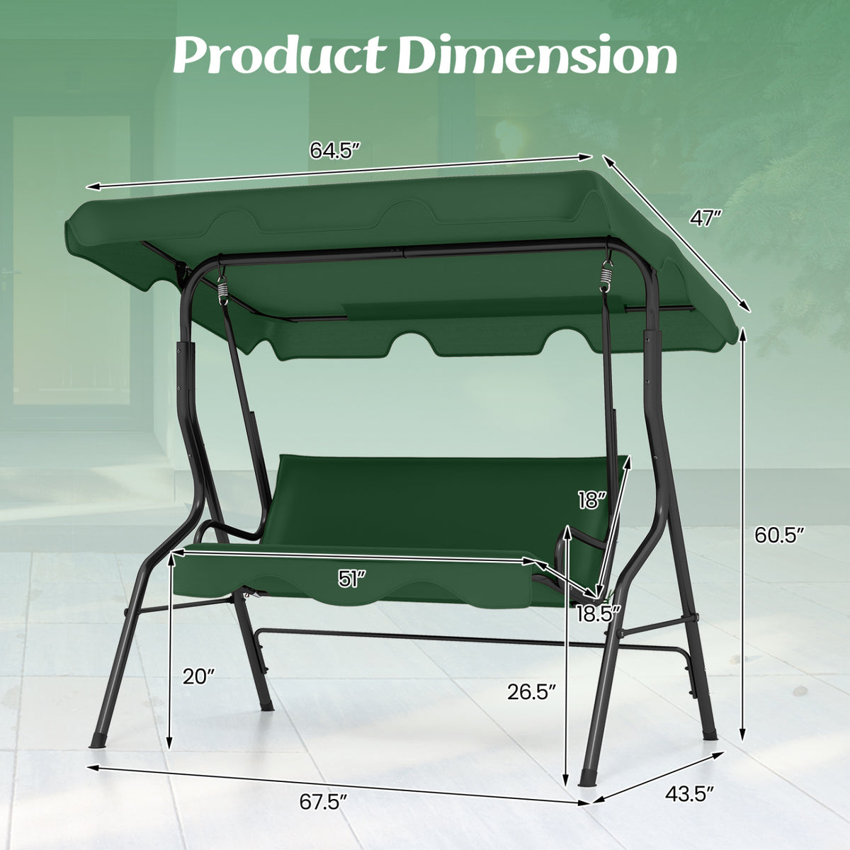 3 Seat Outdoor Patio Canopy Swing with Cushioned Steel Frame-Dark Green