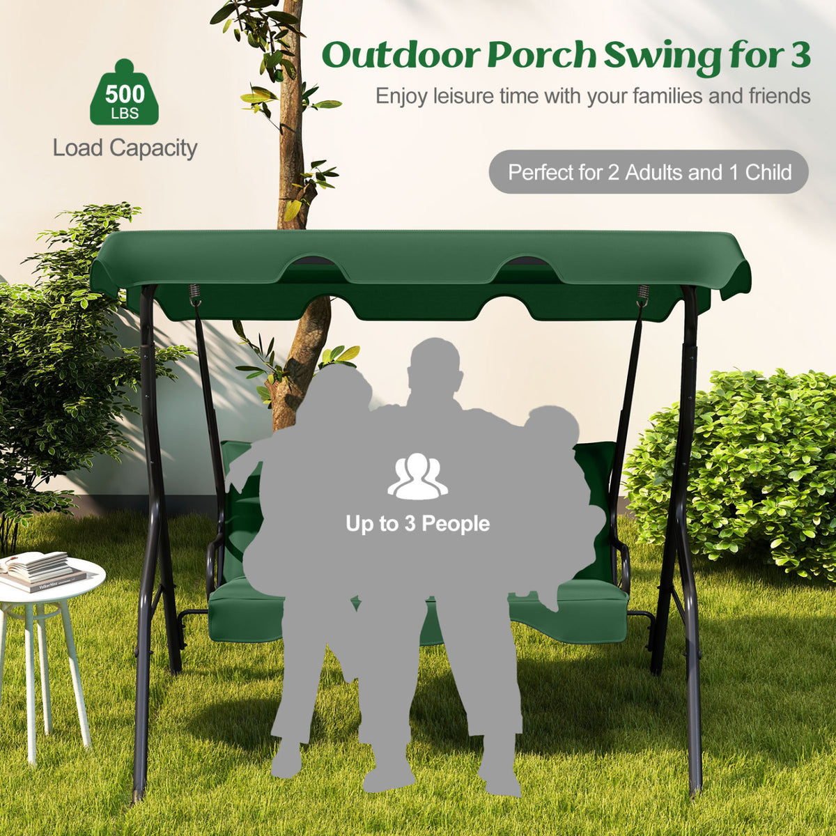 3 Seat Outdoor Patio Canopy Swing with Cushioned Steel Frame-Dark Green
