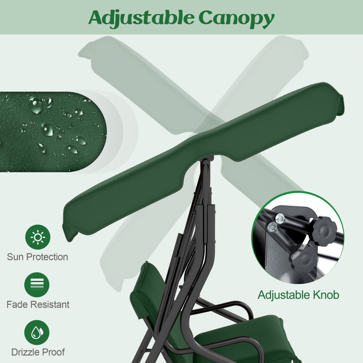 3 Seat Outdoor Patio Canopy Swing with Cushioned Steel Frame-Dark Green