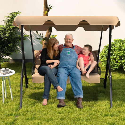 3 Seat Outdoor Patio Canopy Swing with Cushioned Steel Frame-Beige