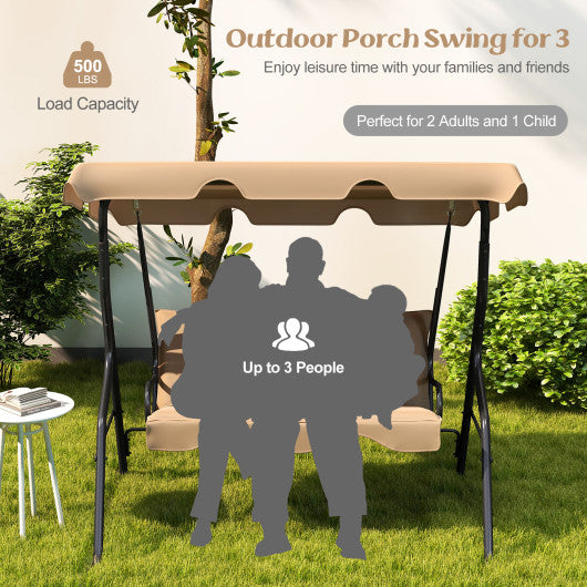 3 Seat Outdoor Patio Canopy Swing with Cushioned Steel Frame-Beige