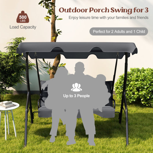 3-Seat Outdoor Patio Canopy Swing with Cushioned Steel Frame-Gray