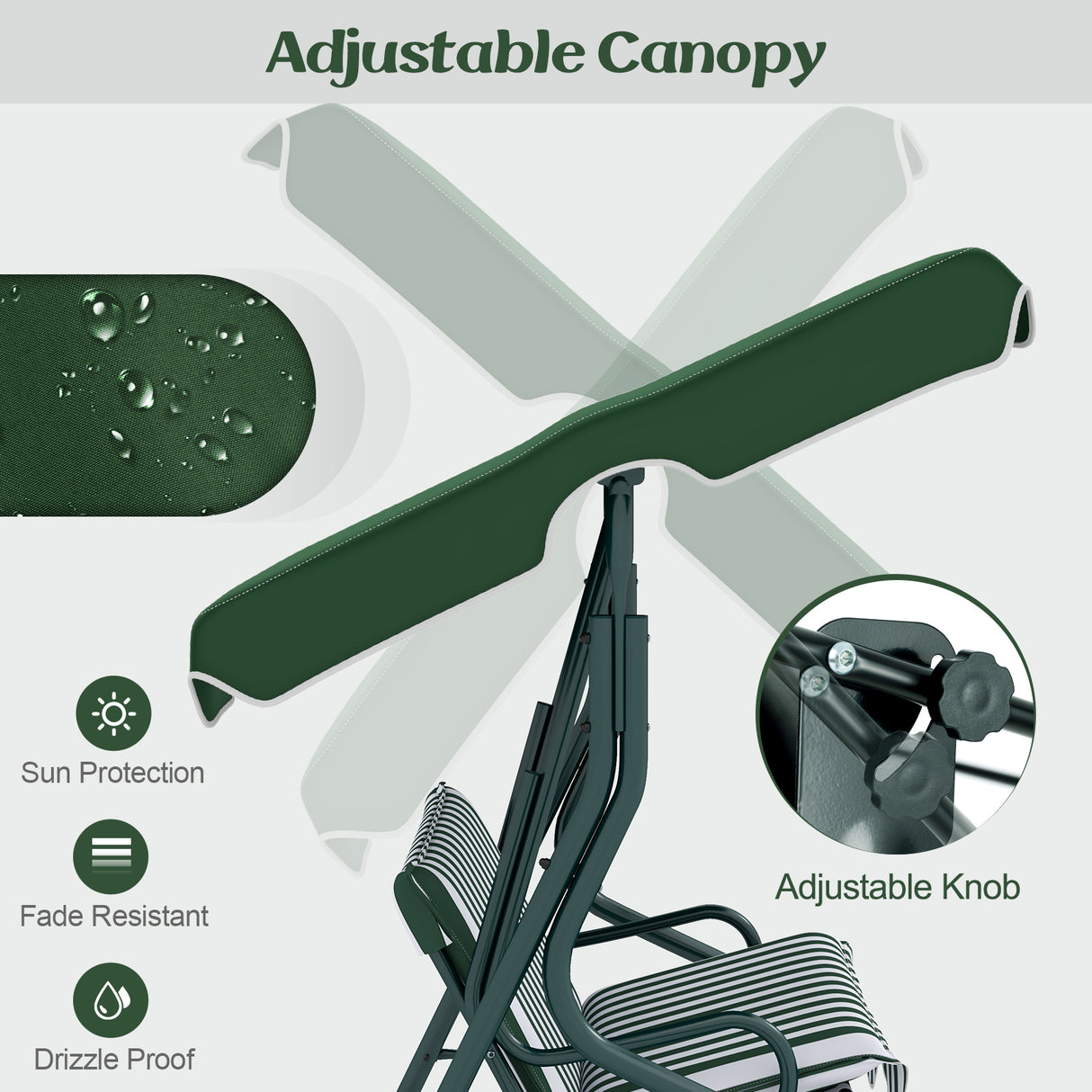 3 Seat Outdoor Patio Canopy Swing with Cushioned Steel Frame-Green