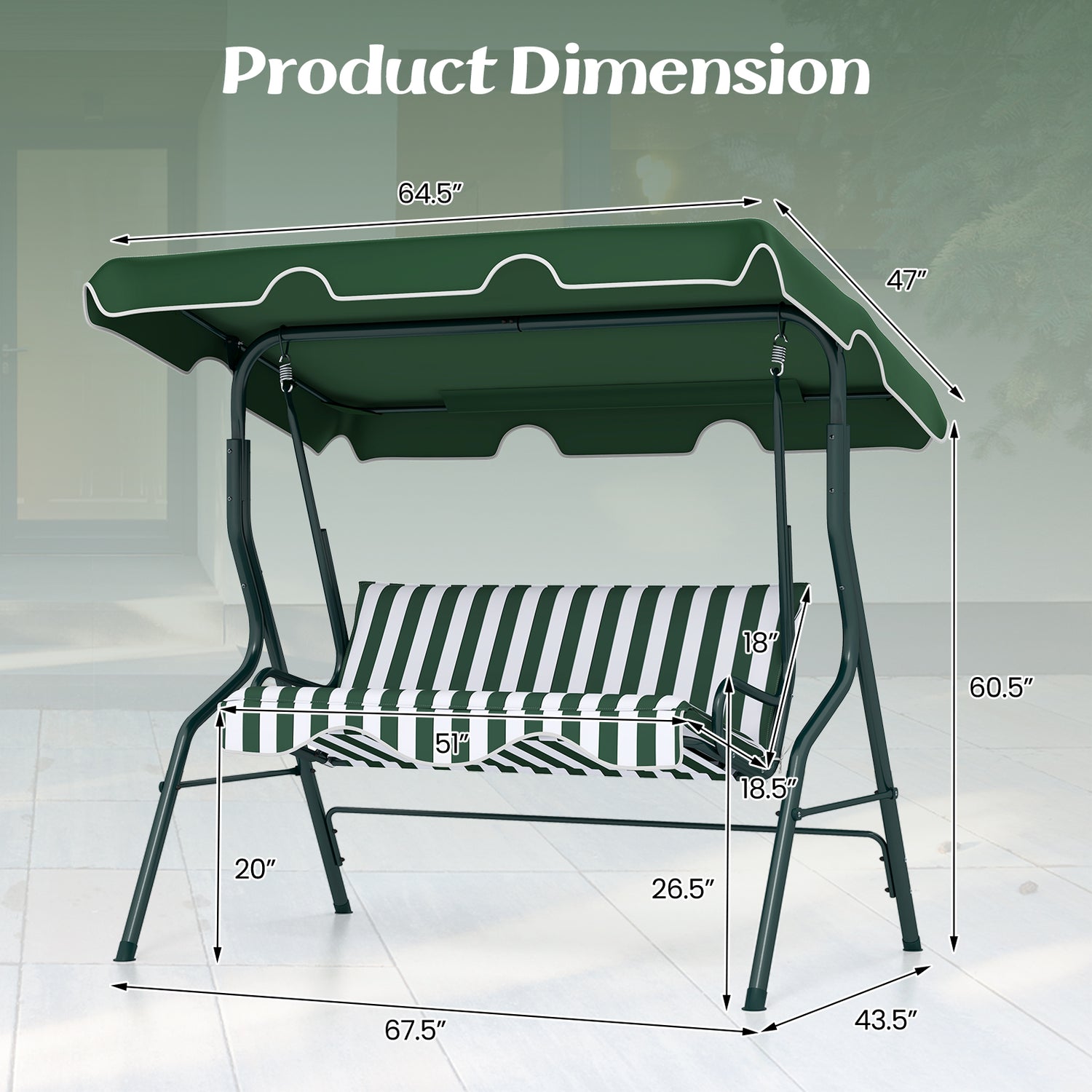 3 Seat Outdoor Patio Canopy Swing with Cushioned Steel Frame-Green