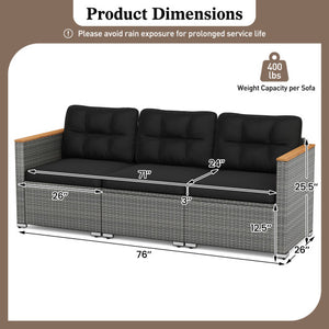 3-Seat Patio Couch Sofa PE Rattan Loveseat Furniture Set with Deep Seating and Cushion-Mix Grey