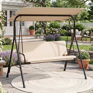 3-Seat Patio Swing Chair with Adjustable Canopy & Removable Cushion-Beige