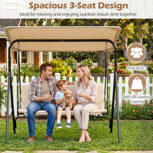 3-Seat Patio Swing Chair with Adjustable Canopy & Removable Cushion-Beige