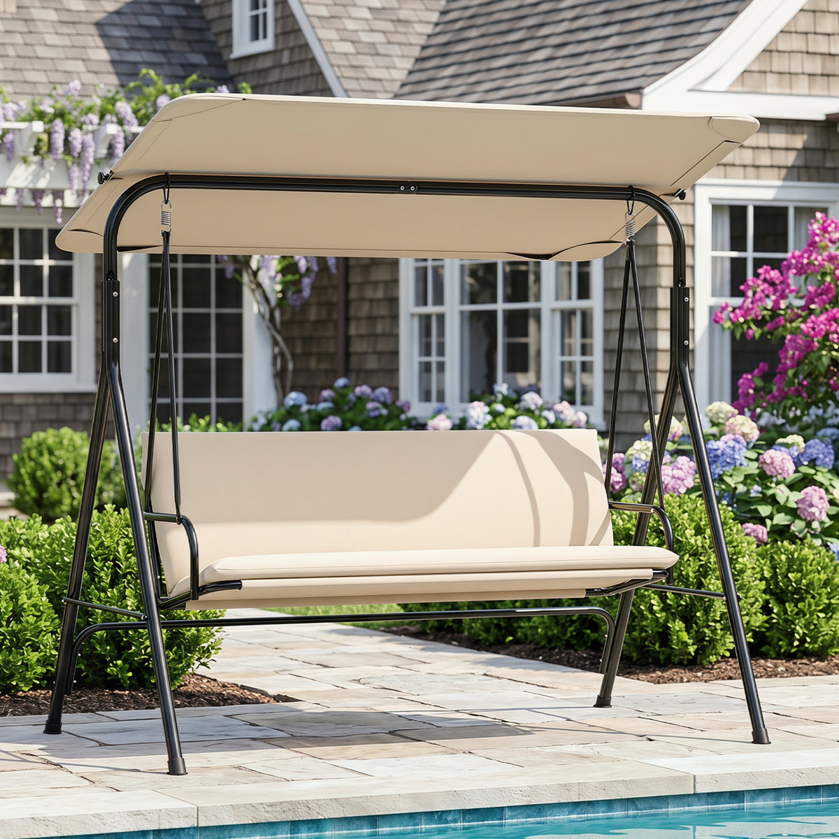 3-Seat Patio Swing Chair with Adjustable Canopy & Removable Cushion-Beige