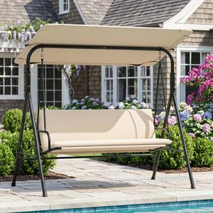 3-Seat Patio Swing Chair with Adjustable Canopy & Removable Cushion-Beige
