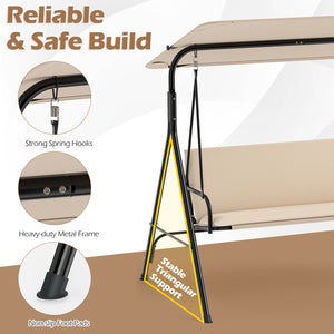 3-Seat Patio Swing Chair with Adjustable Canopy & Removable Cushion-Beige