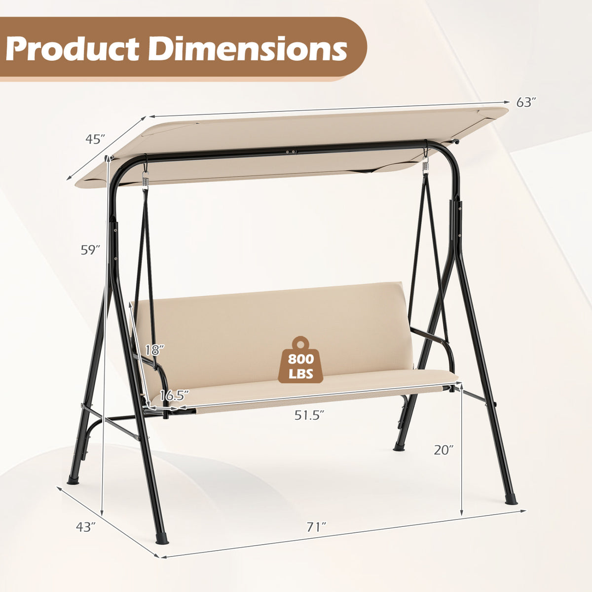 3-Seat Patio Swing Chair with Adjustable Canopy & Removable Cushion-Beige