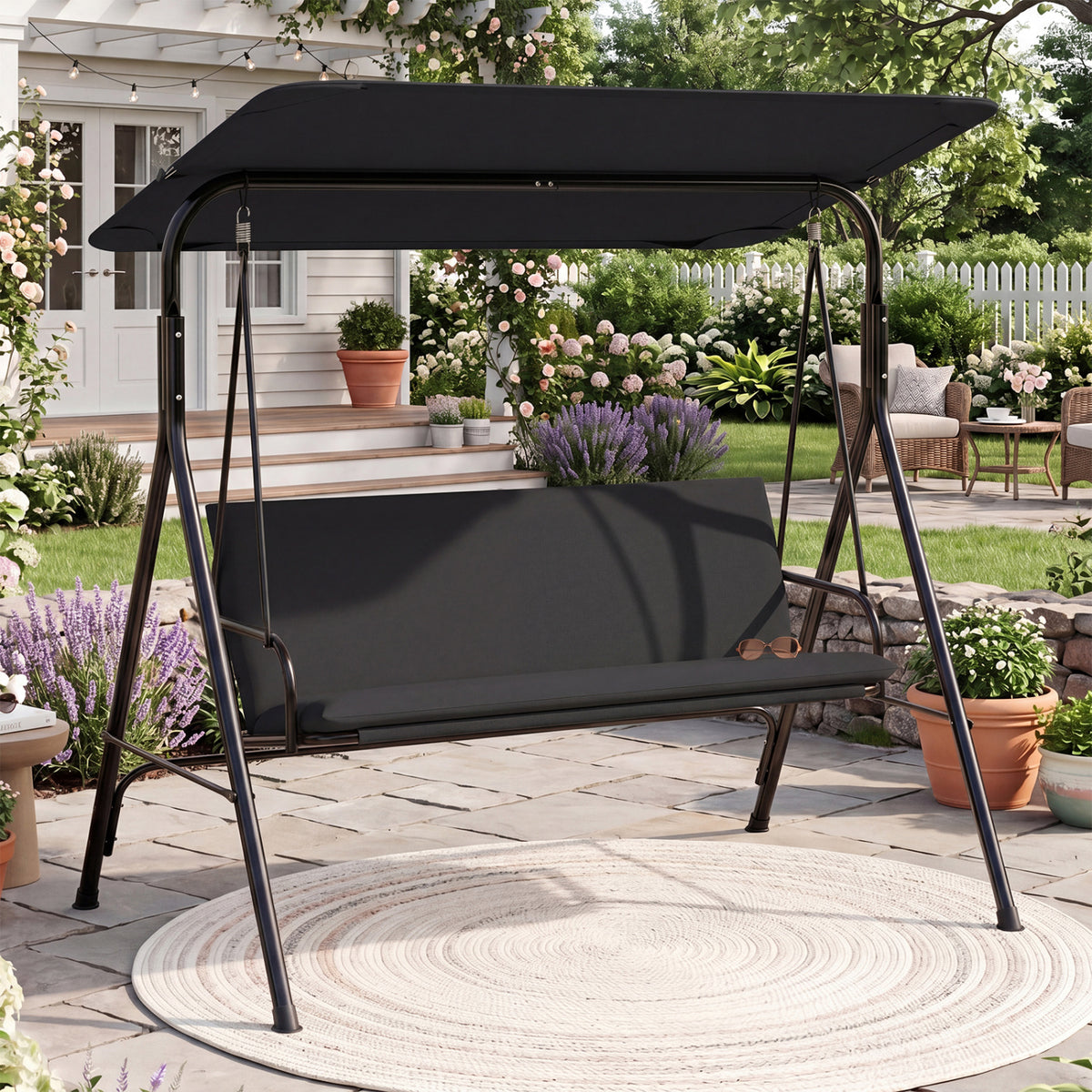3-Seat Patio Swing Chair with Adjustable Canopy & Removable Cushion-Black
