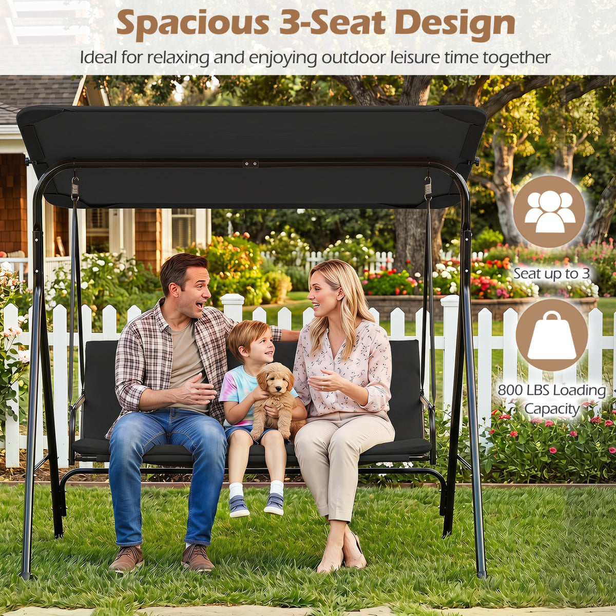 3-Seat Patio Swing Chair with Adjustable Canopy & Removable Cushion-Black