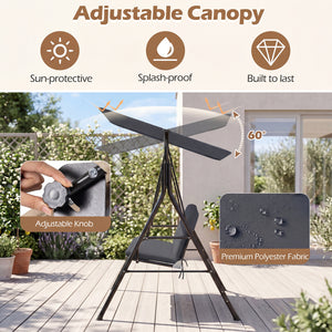 3-Seat Patio Swing Chair with Adjustable Canopy & Removable Cushion-Gray