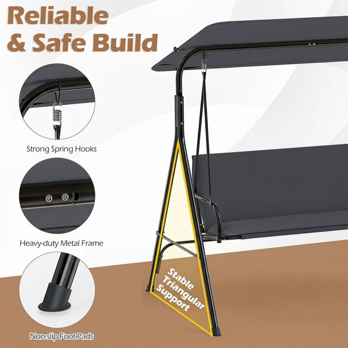 3-Seat Patio Swing Chair with Adjustable Canopy & Removable Cushion-Gray