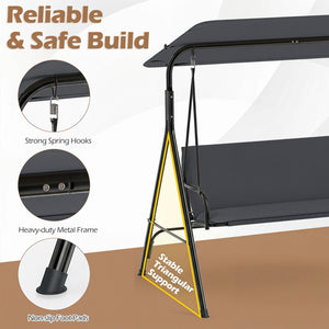 3-Seat Patio Swing Chair with Adjustable Canopy & Removable Cushion-Gray