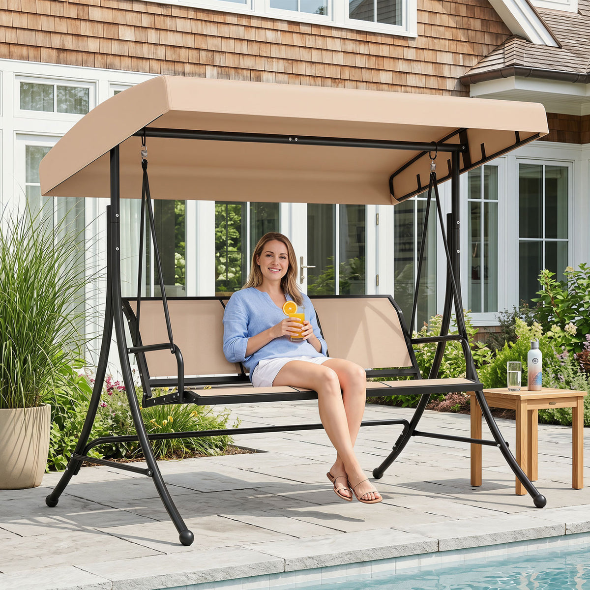 3-Seat Patio Swing Chair with Adjustable Canopy -Beige