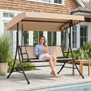3-Seat Patio Swing Chair with Adjustable Canopy -Beige