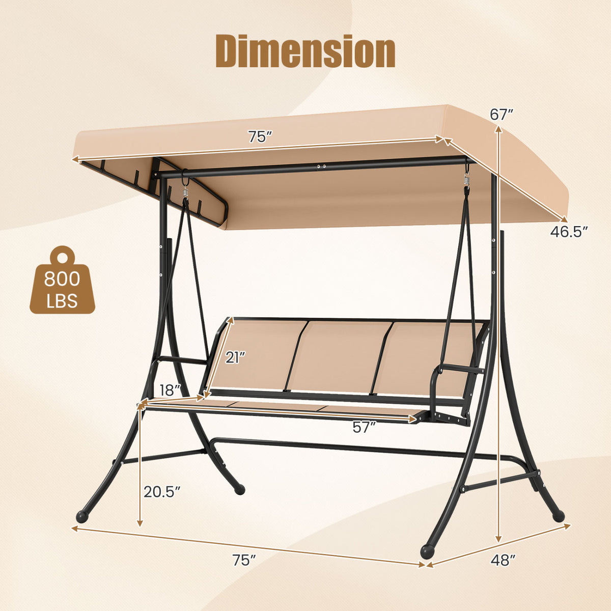 3-Seat Patio Swing Chair with Adjustable Canopy -Beige