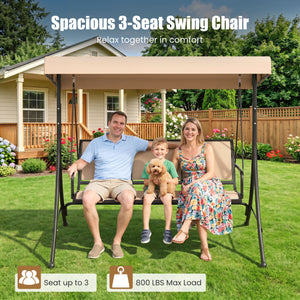 3-Seat Patio Swing Chair with Adjustable Canopy -Beige