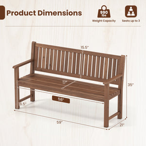 3-Seater Outdoor Wooden Bench 59 inch Large Garden Bench with Backrest-Brown