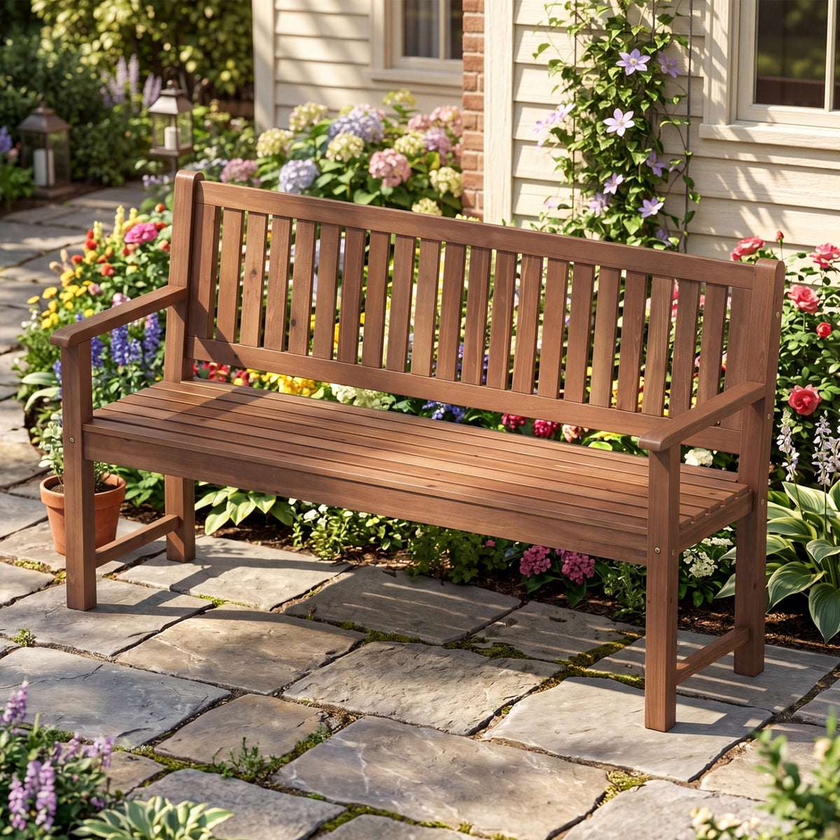 3-Seater Outdoor Wooden Bench 59 inch Large Garden Bench with Backrest-Brown