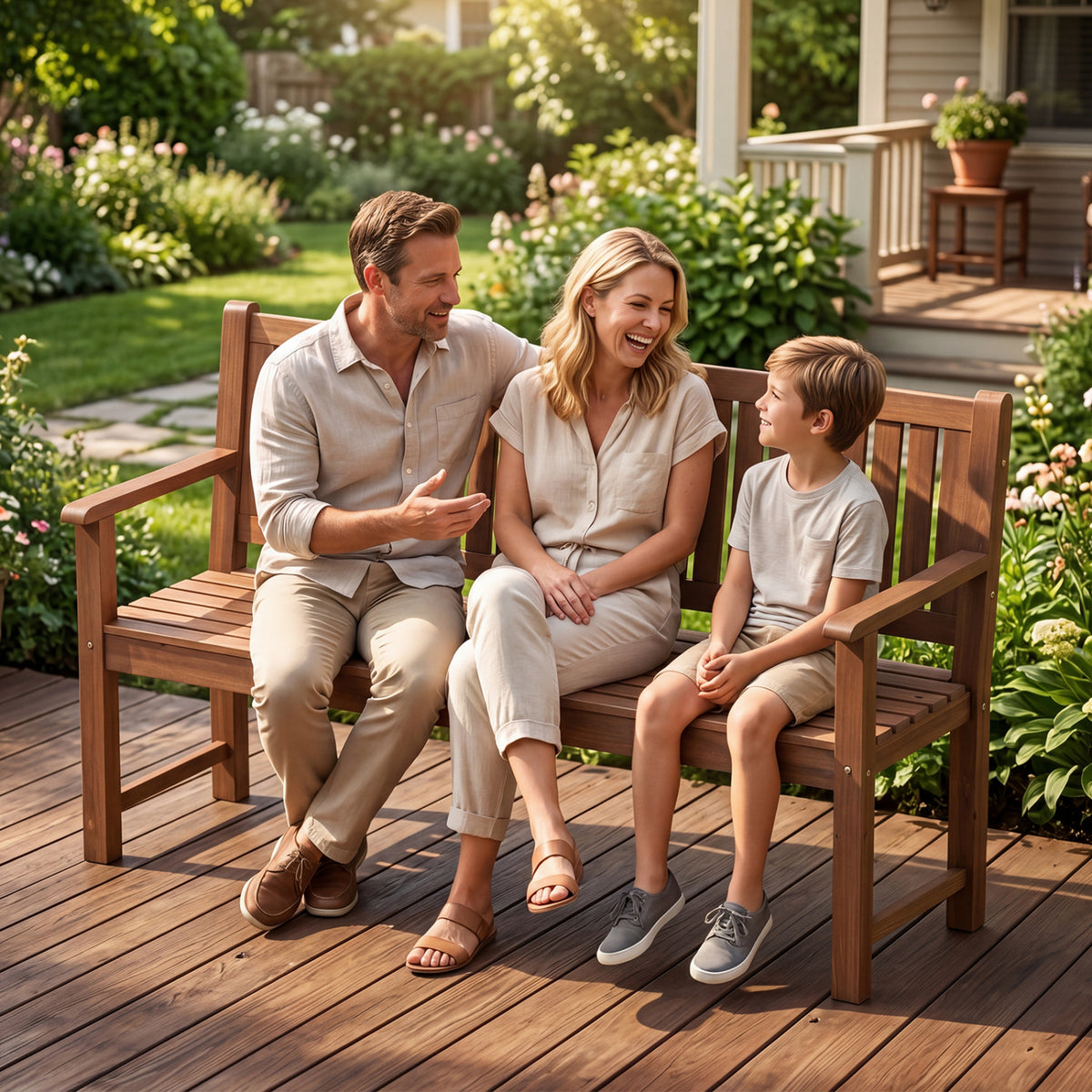 3-Seater Outdoor Wooden Bench 59 inch Large Garden Bench with Backrest-Brown