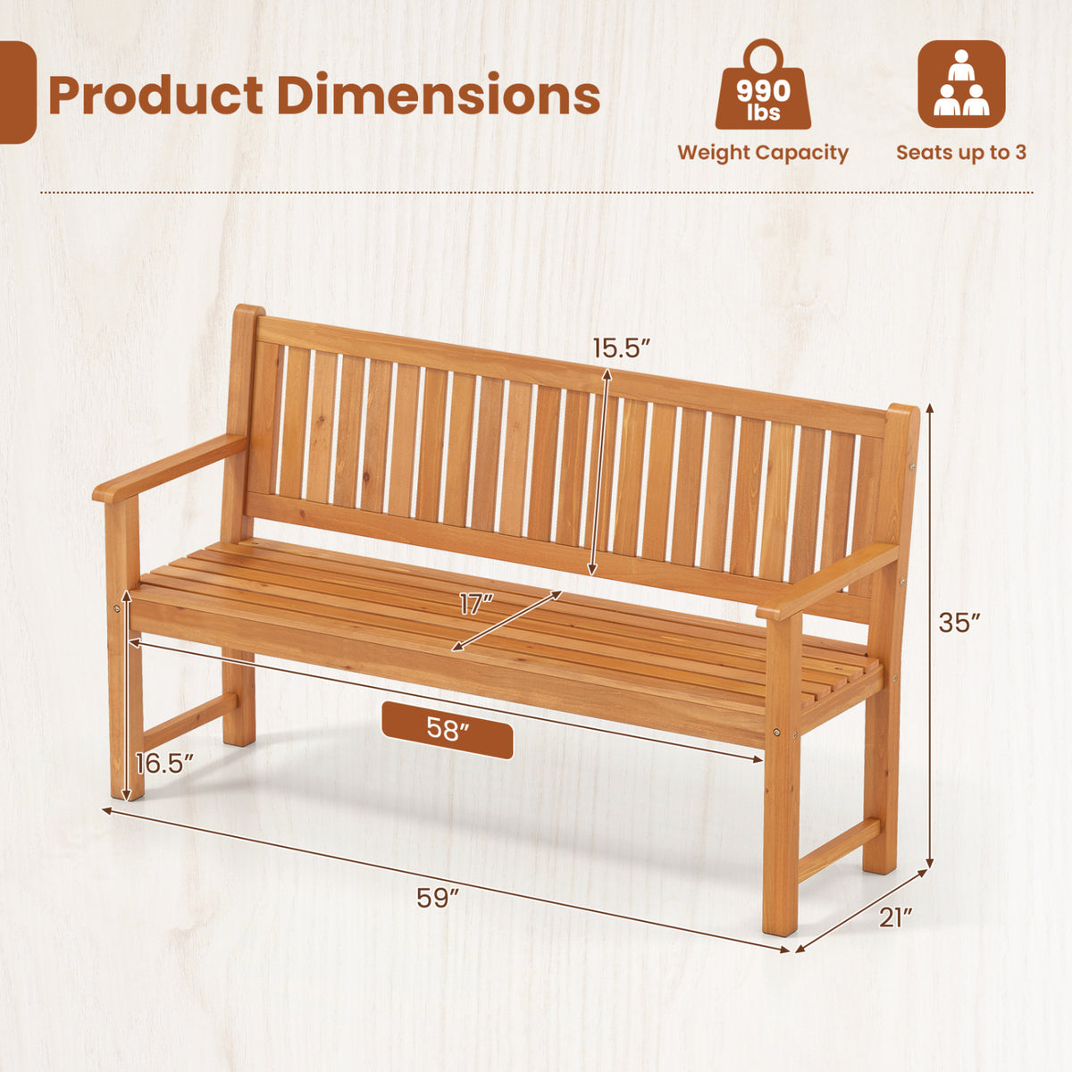 3-Seater Outdoor Wooden Bench 59 inch Large Garden Bench with Backrest-Yellow