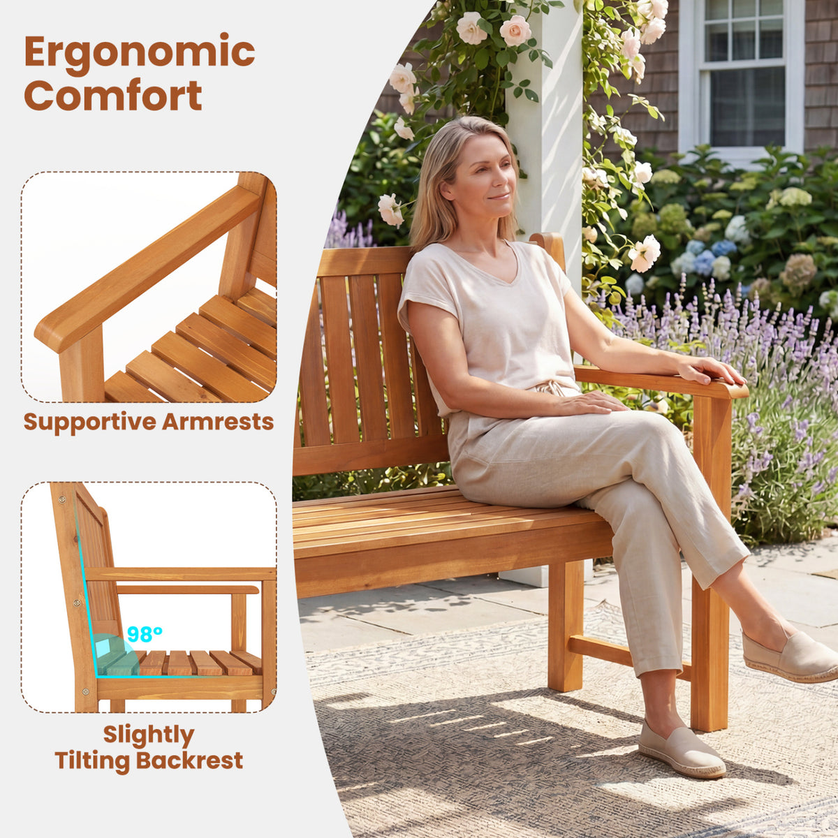 3-Seater Outdoor Wooden Bench 59 inch Large Garden Bench with Backrest-Yellow