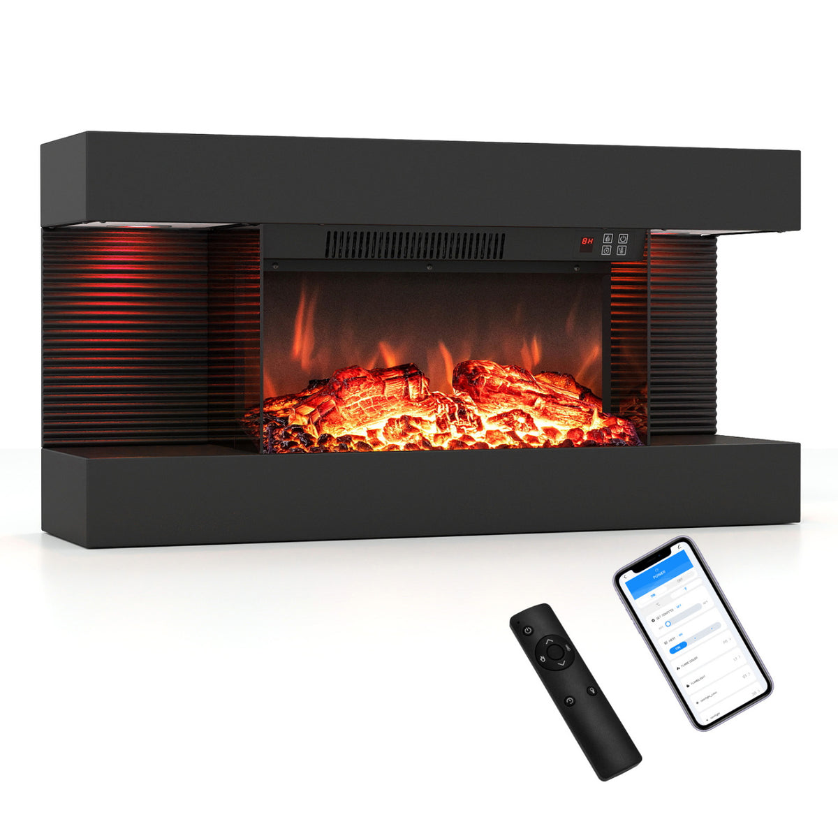 3-Sided Black Wall Mount Electric WiFi Fireplace with Floating Mantel and 12 Flame Ambient-32 inches