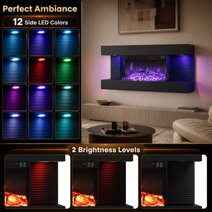 3-Sided Black Wall Mount Electric WiFi Fireplace with Floating Mantel and 12 Flame Ambient-32 inches