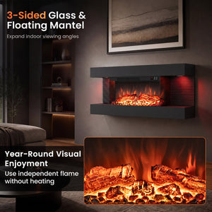 3-Sided Black Wall Mount Electric WiFi Fireplace with Floating Mantel and 12 Flame Ambient-32 inches