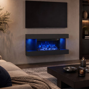 3-Sided Black Wall Mount Electric WiFi Fireplace with Floating Mantel and 12 Flame Ambient-32 inches